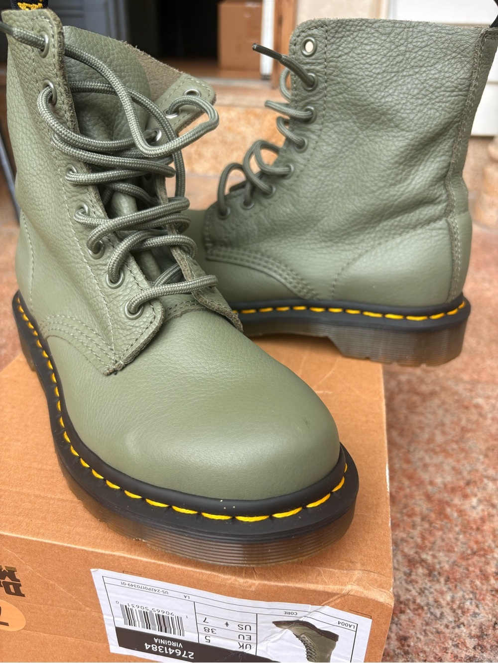 Dr. Martens Olive Green Leather Lace-Up Combat Boots with Yellow Welt Stitching